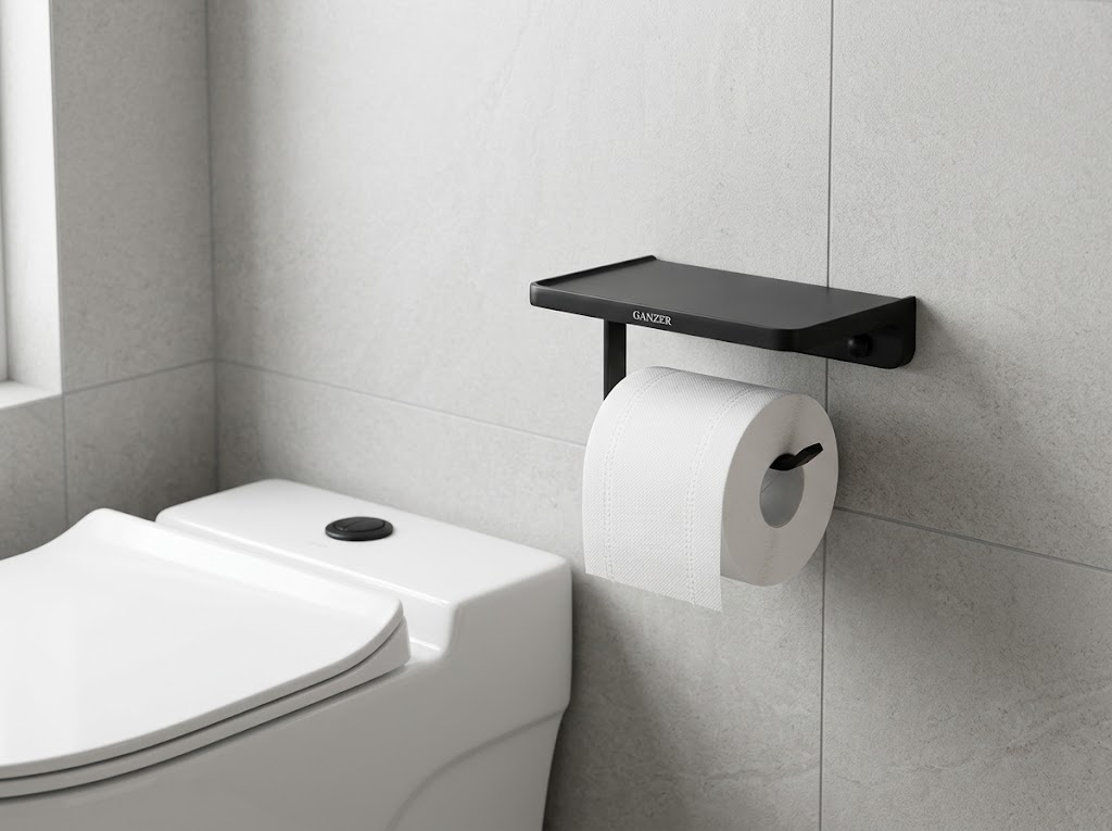 88034-C Держатель для туалетной бумаги с полкой (ЧЕРНЫЙ) GANZER  (20/1шт)