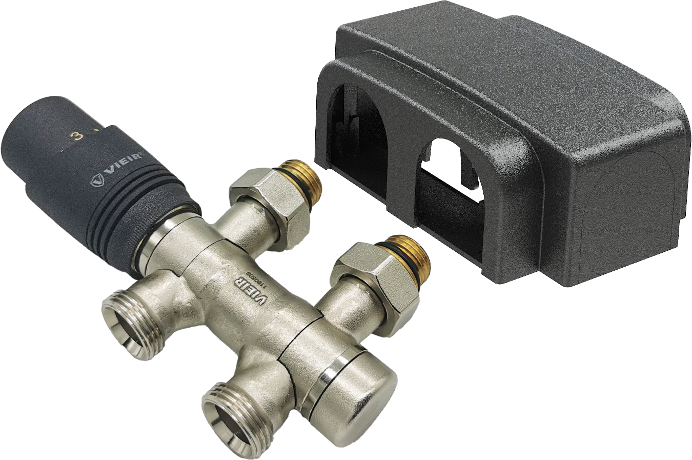 Термостат. узел (ГРАФИТ) для ниж. под. рад. с ВРАЩАЮЩИМИСЯ патруб. 3/4 и адаптер. 1/2 ViEiR (24/1шт)