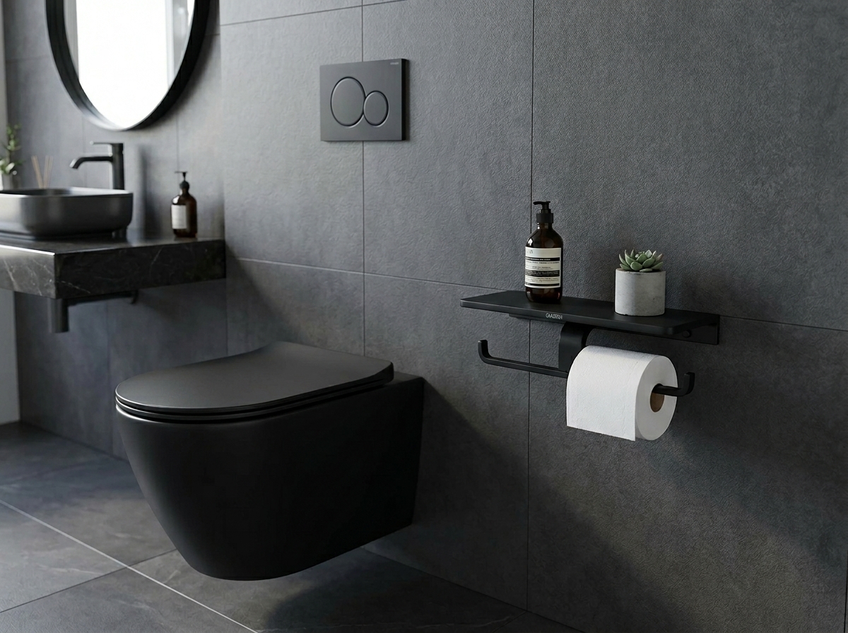 88035-C Двойной держатель для туалетной бумаги с полкой (ЧЕРНЫЙ) GANZER  (10/1шт)