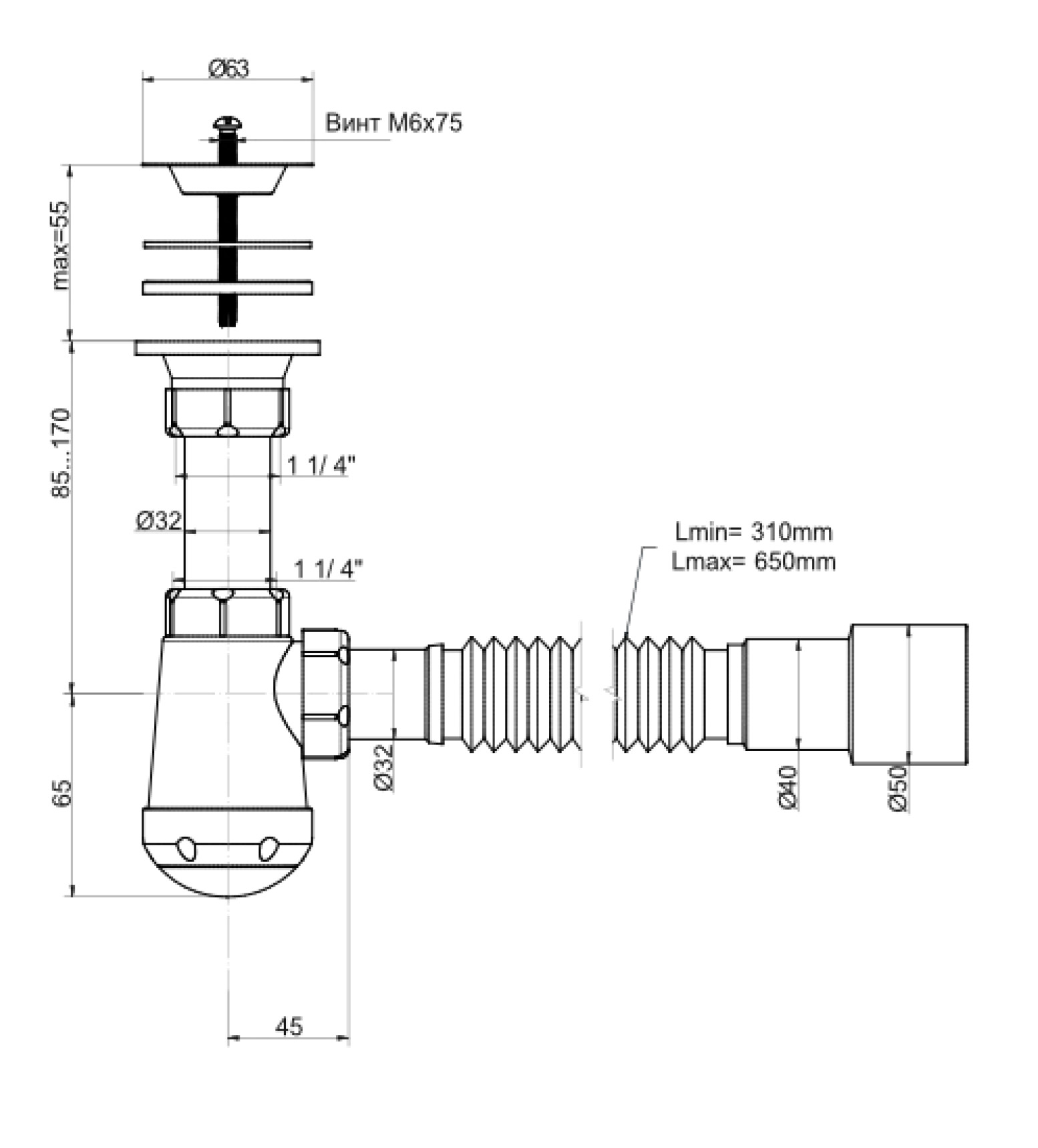М-32020 Сифон Чик 1"1/4х32 с гоф  ОРИО  (50/1шт)