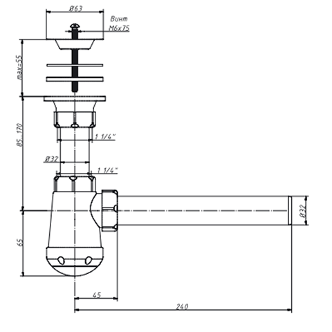 Сифон 1 1/4 х 32 с прямой трубой 32-32мм ОРИО  (60/1шт)