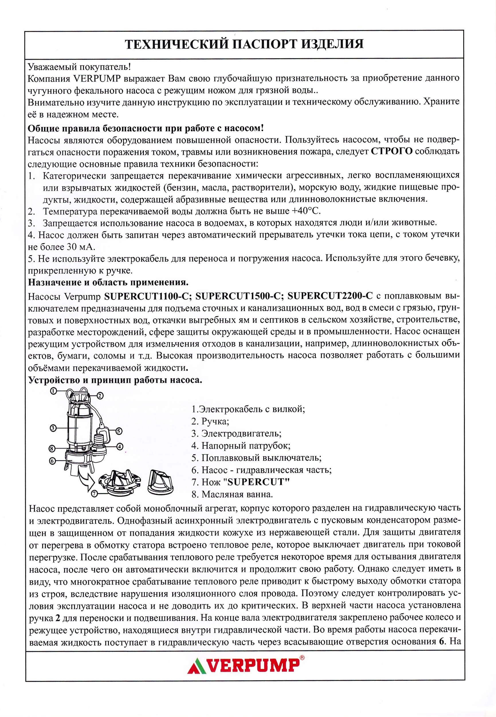 Фекальник насос 1100 вт. с ИЗМЕЛЬЧИТЕЛЕМ (чугун) VERPUMP  (1шт)
