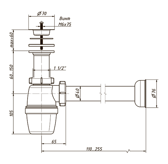 Сифон 1 1/2 х 40 с прямой трубой 40-40мм ОРИО  (35/1шт)