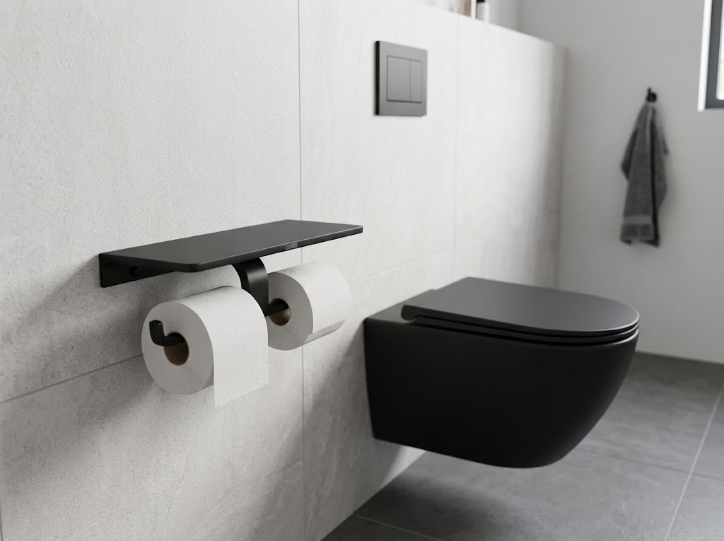 88035-C Двойной держатель для туалетной бумаги с полкой (ЧЕРНЫЙ) GANZER  (10/1шт)