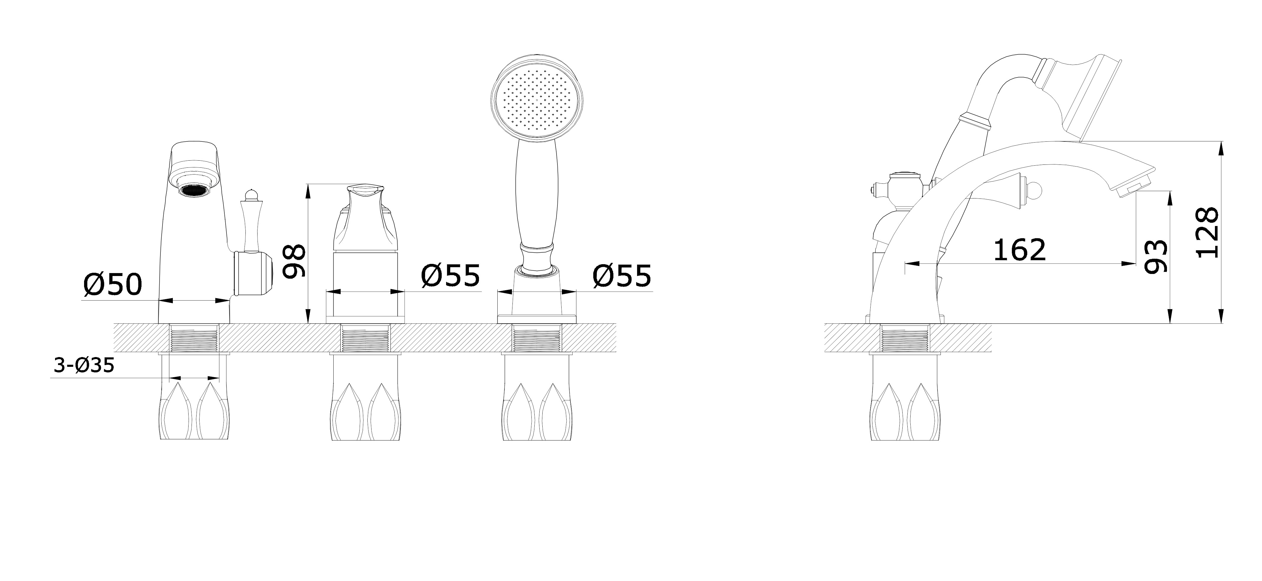 77133 Смеситель на борт ванны (3-отв,ХРОМ)  GANZER (8/1шт)