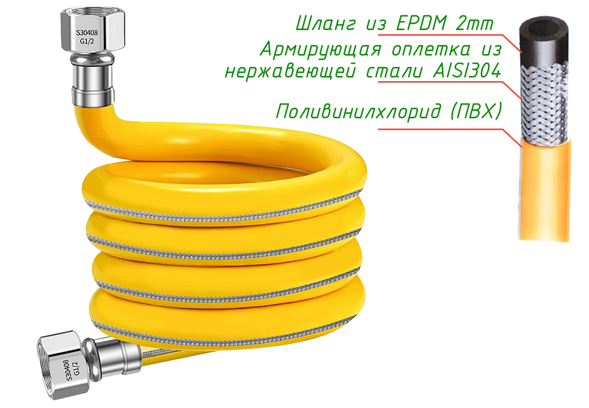 ПВХ Шланг для газа в металлической оплетке 1/2 250см г/г  ViEiR  (20/1шт)