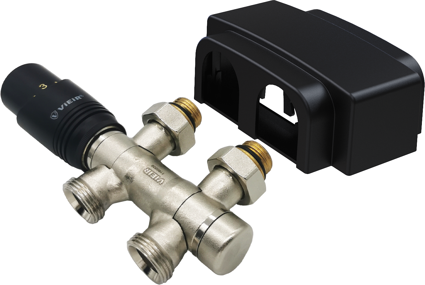 Термостат. узел (ЧЕРНЫЙ) для ниж. под. рад. с ВРАЩАЮЩИМИСЯ патруб. 3/4 и адаптер. 1/2 ViEiR (24/1шт)