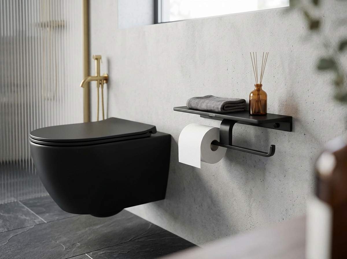 88035-C Двойной держатель для туалетной бумаги с полкой (ЧЕРНЫЙ) GANZER  (10/1шт)