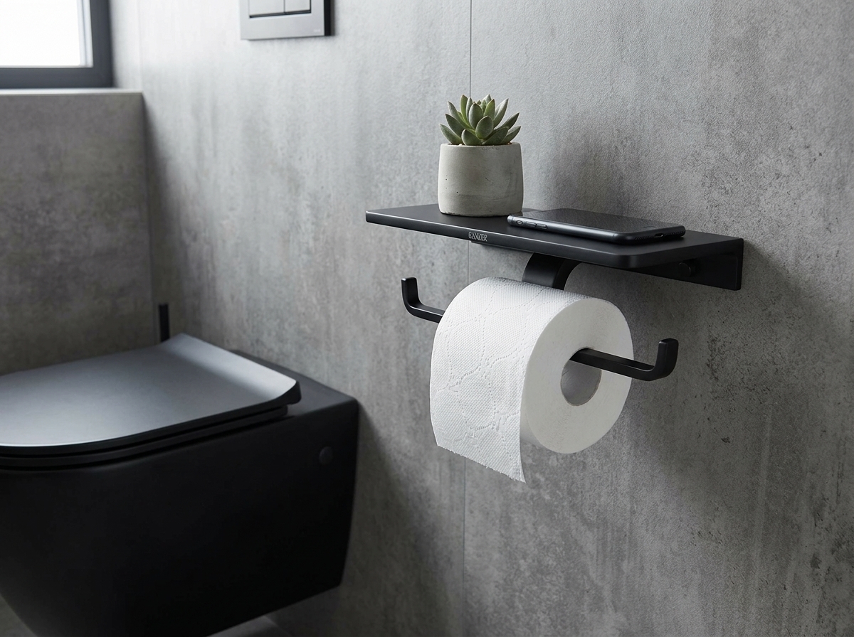 88035-C Двойной держатель для туалетной бумаги с полкой (ЧЕРНЫЙ) GANZER  (10/1шт)