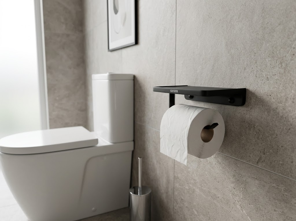 88034-C Держатель для туалетной бумаги с полкой (ЧЕРНЫЙ) GANZER  (20/1шт)