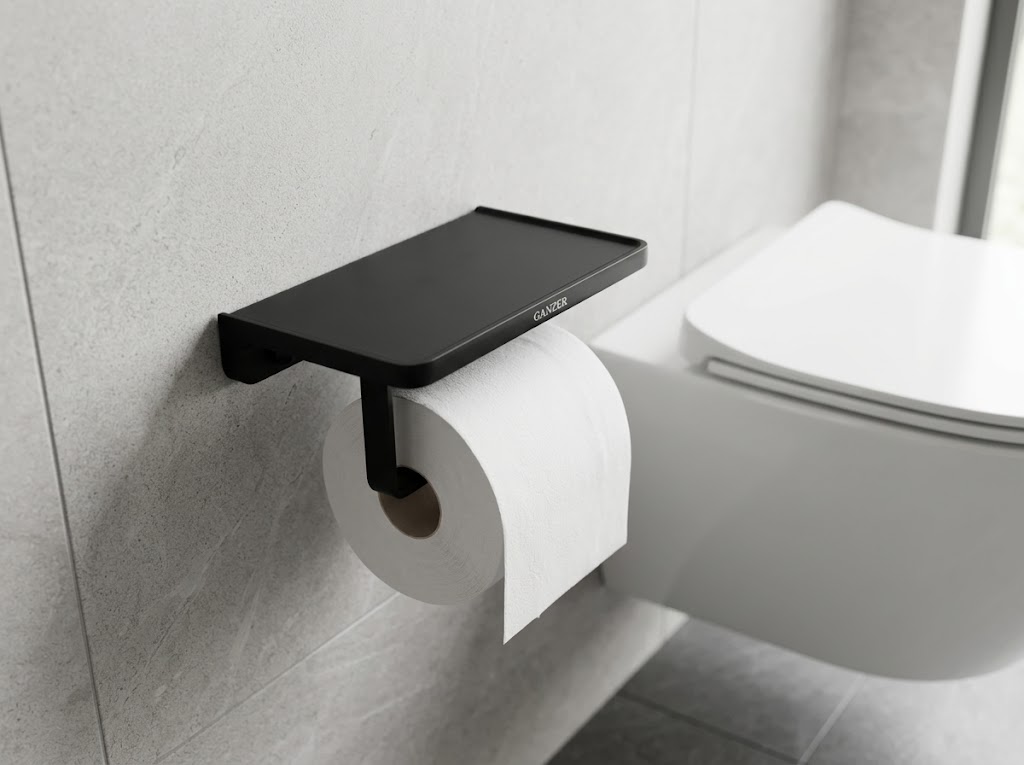 88034-C Держатель для туалетной бумаги с полкой (ЧЕРНЫЙ) GANZER  (20/1шт)