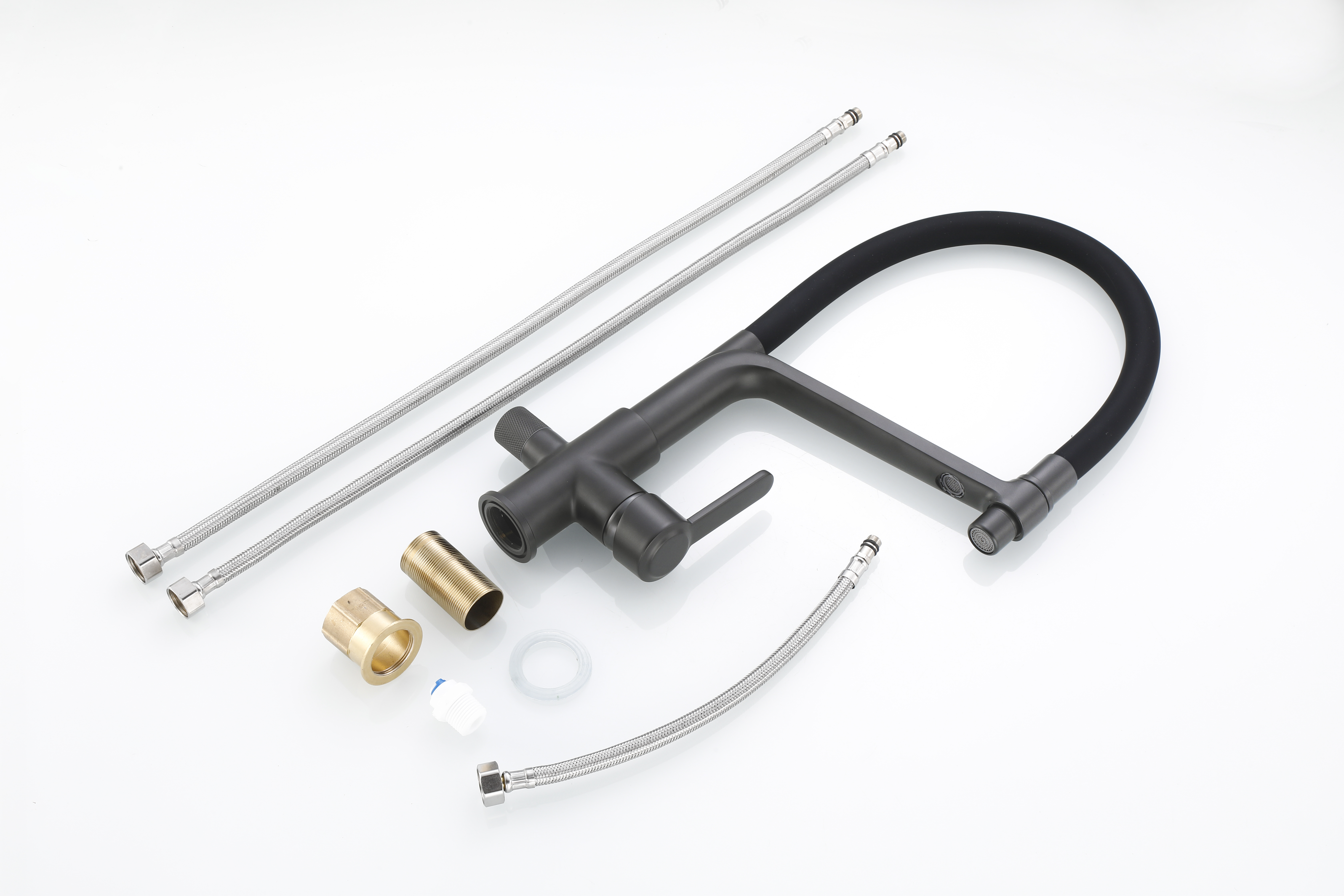 15075-PC Смес. для кухни с гиб шланг и под фильт (ГРАФИТ+ЧЕРНЫЙ) HANSEN (10/1шт)