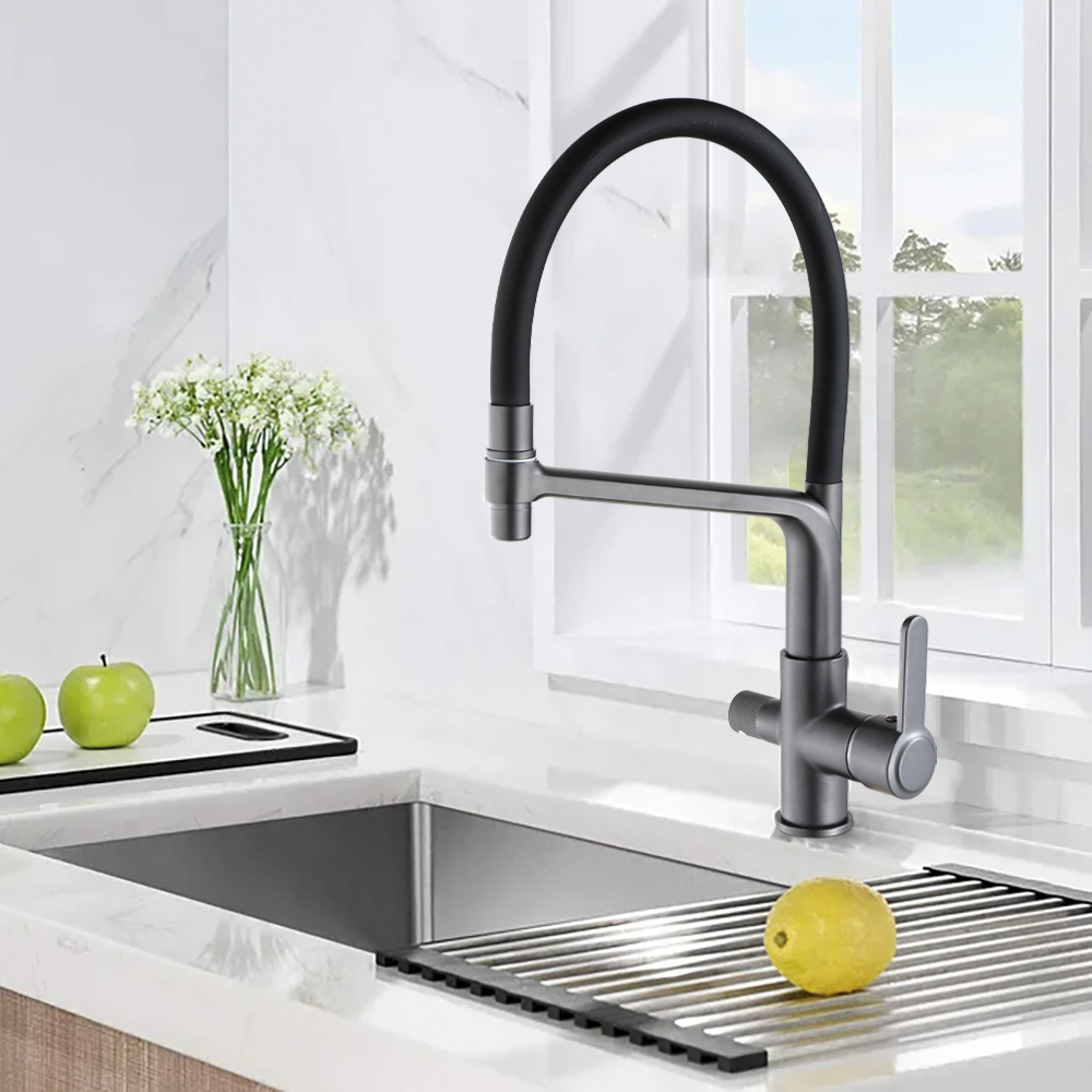 15075-PC Смес. для кухни с гиб шланг и под фильт (ГРАФИТ+ЧЕРНЫЙ) HANSEN (10/1шт)