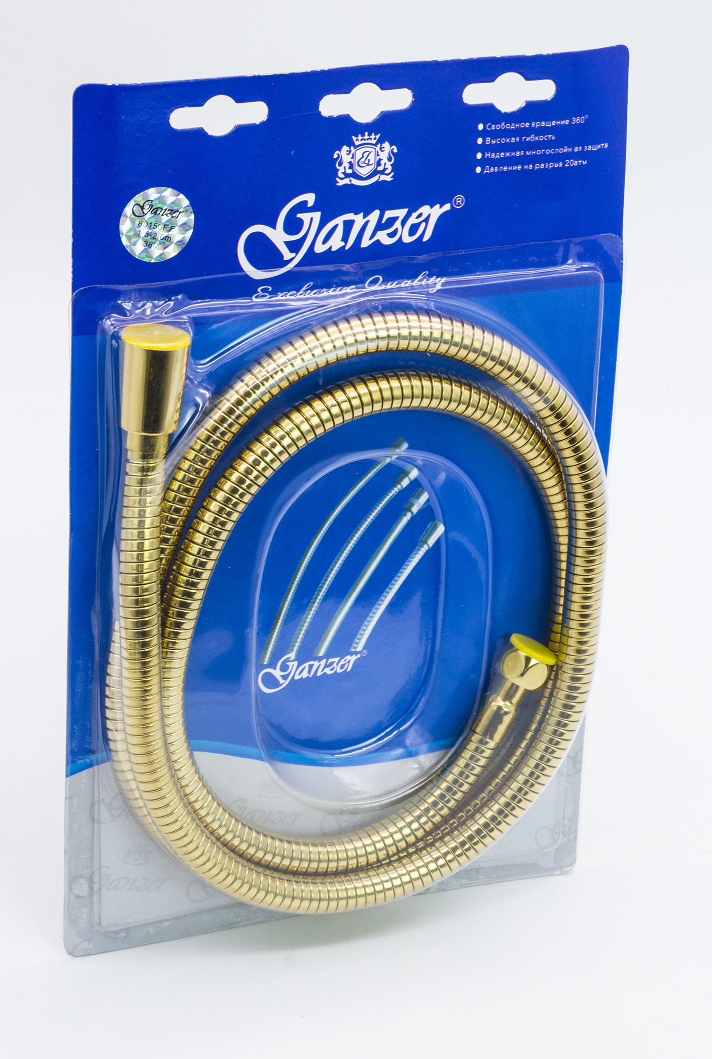 80150-E Шланг для выд. лейки 150см 3/8 вн. (ЗОЛОТО) GANZER (50/1шт) Л/К