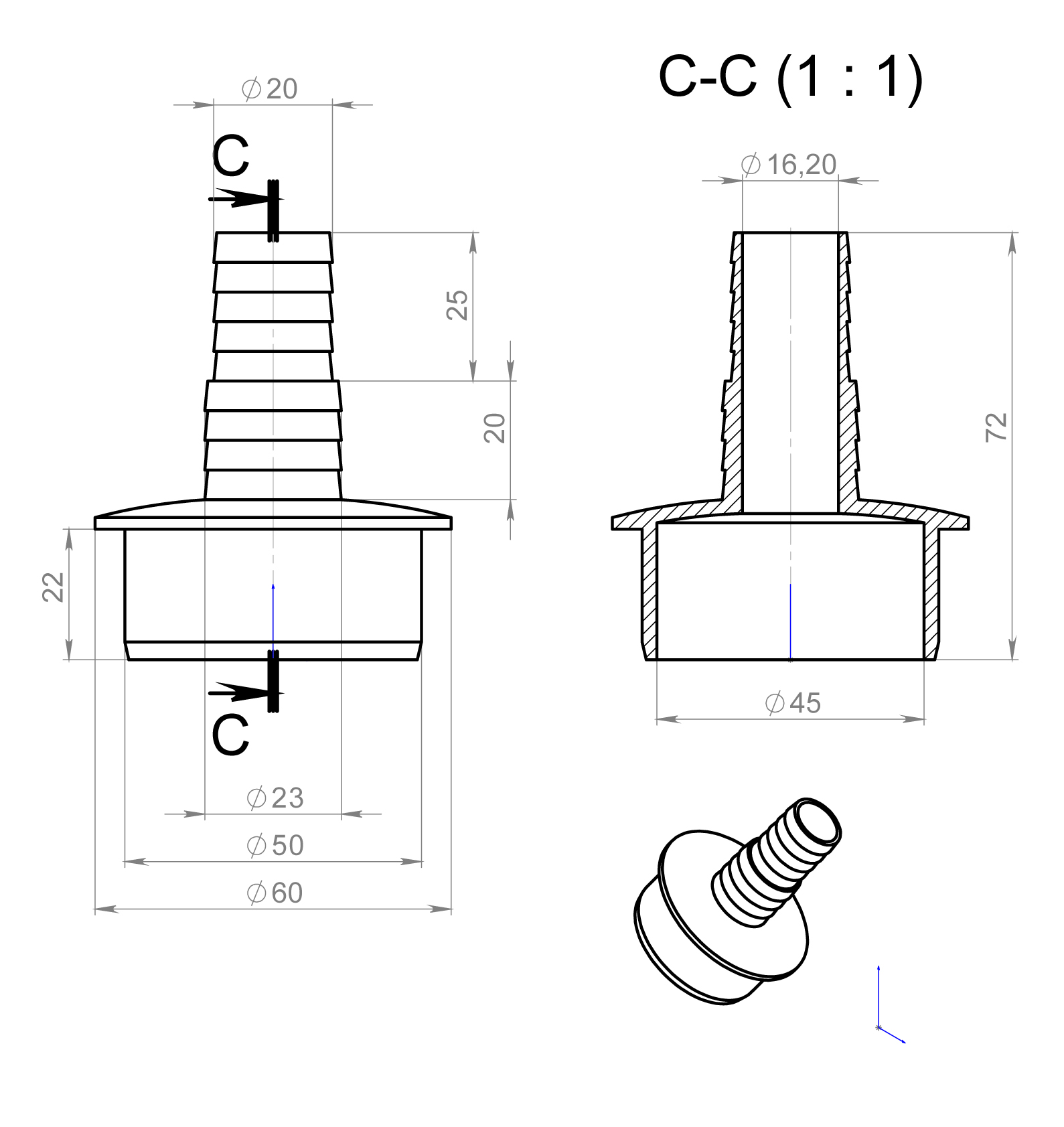 Адаптер (ПРЯМОЙ) для под. слива (20/22мм х 50мм) ОРИО (15/1шт)