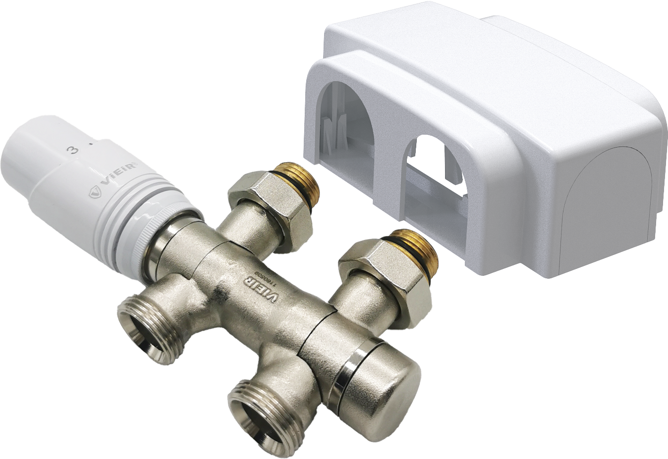 Термостат. узел (БЕЛЫЙ) для ниж. под. рад. с ВРАЩАЮЩИМИСЯ патруб. 3/4 и адаптер. 1/2 ViEiR (24/1шт)